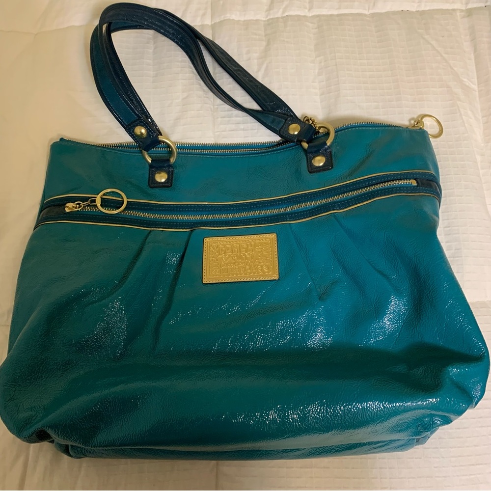 COACH Poppy Liquid Gloss Large Teal Shoulder Purse Handbag Tote